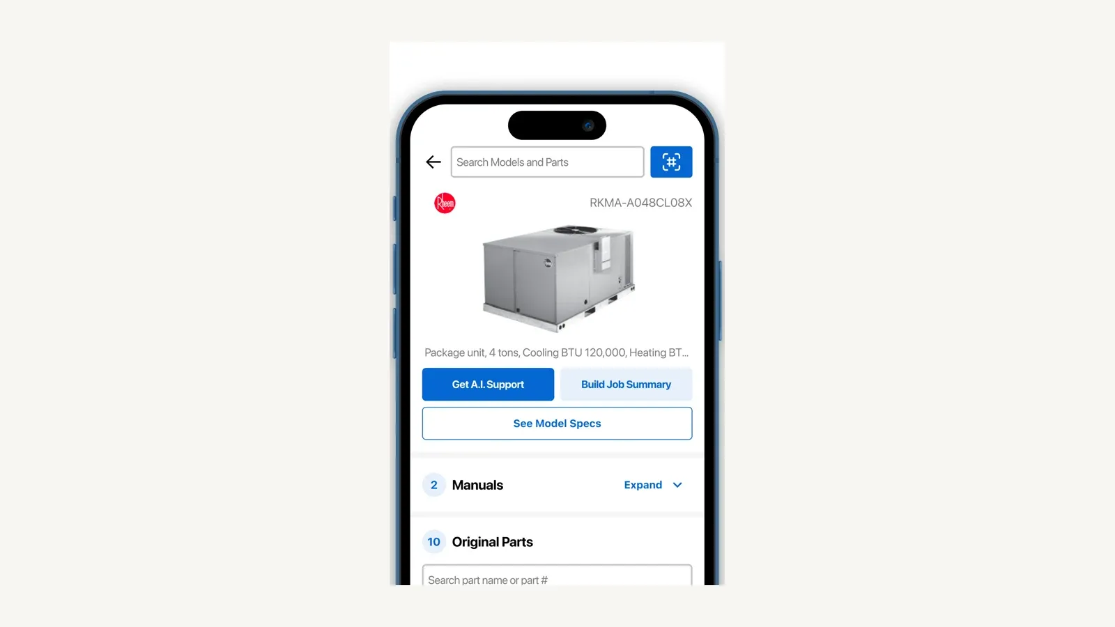 Bluon mobile app showing an HVAC equipment model with manuals, original parts, and model specifications.