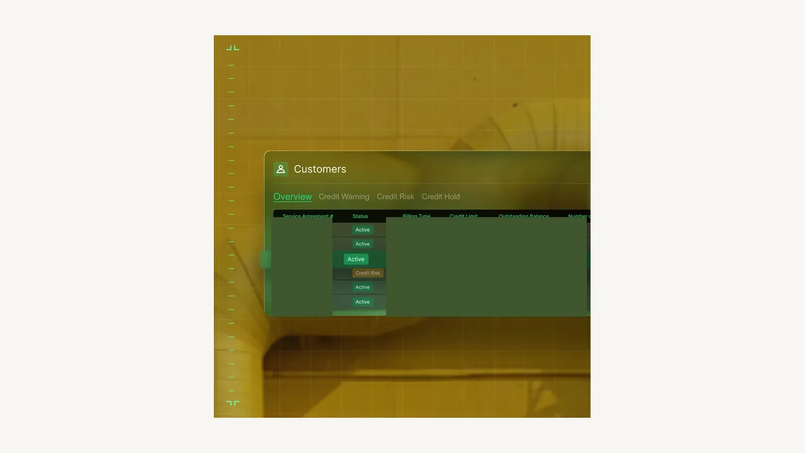 BuildOps customer overview with service-agreement status and commercial account columns.