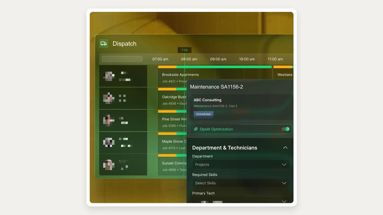 BuildOps vendor-supplied dispatch board composite with technician rows, scheduled work, an OpsAI optimization control, required-skills field, and primary-technician selector.