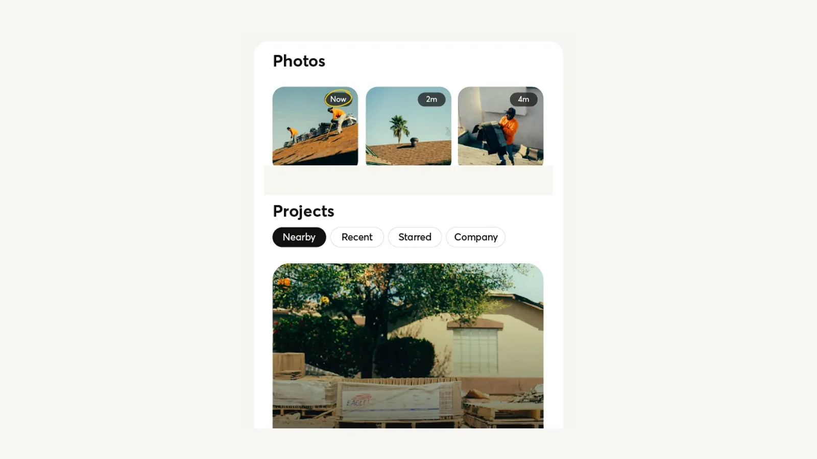 CompanyCam mobile project feed organizing recent jobsite photos and nearby, starred, and company projects.