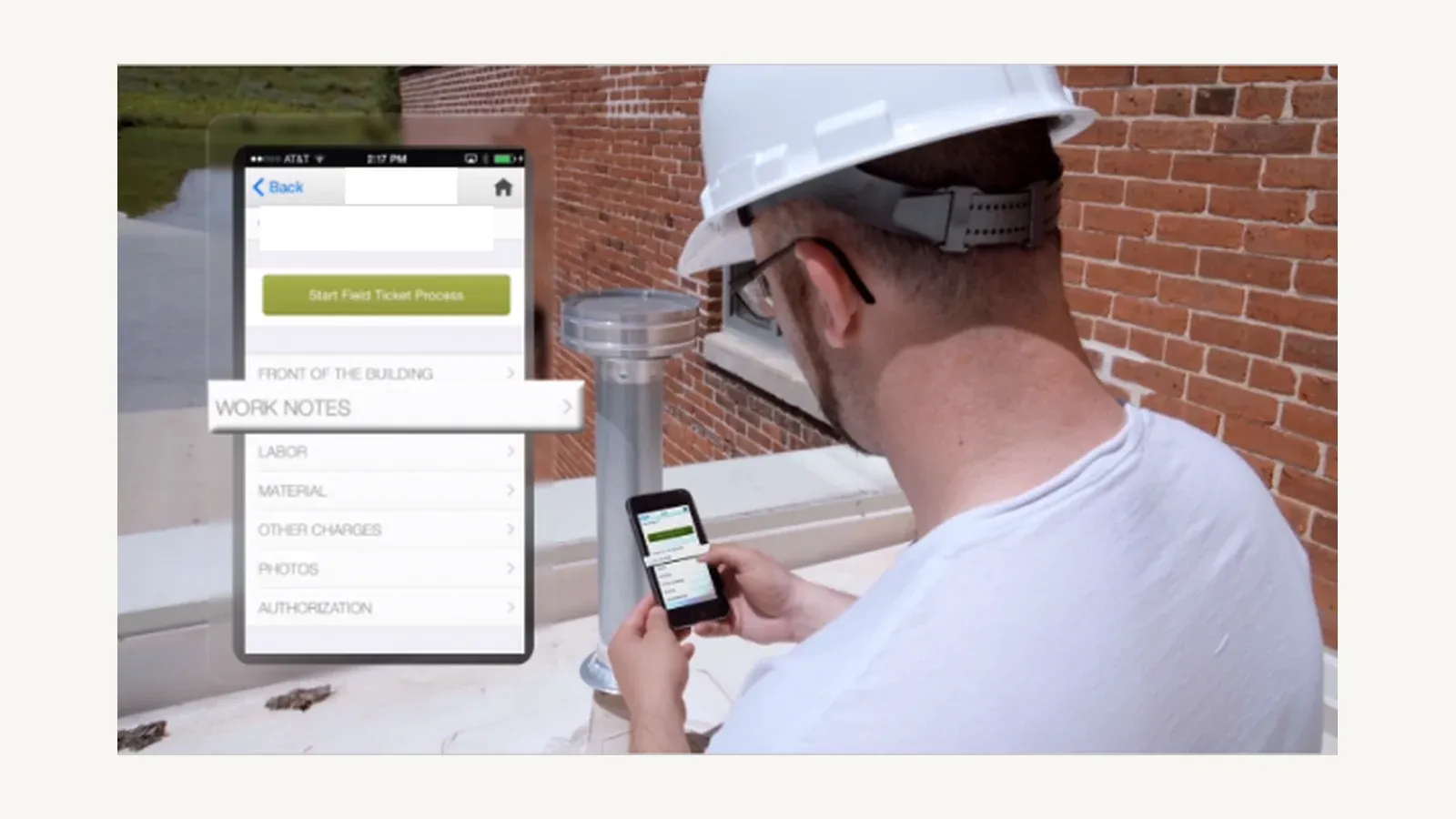 Dataforma mobile field-ticket screen with work notes, labor, material, other-charge, photo, and authorization sections.