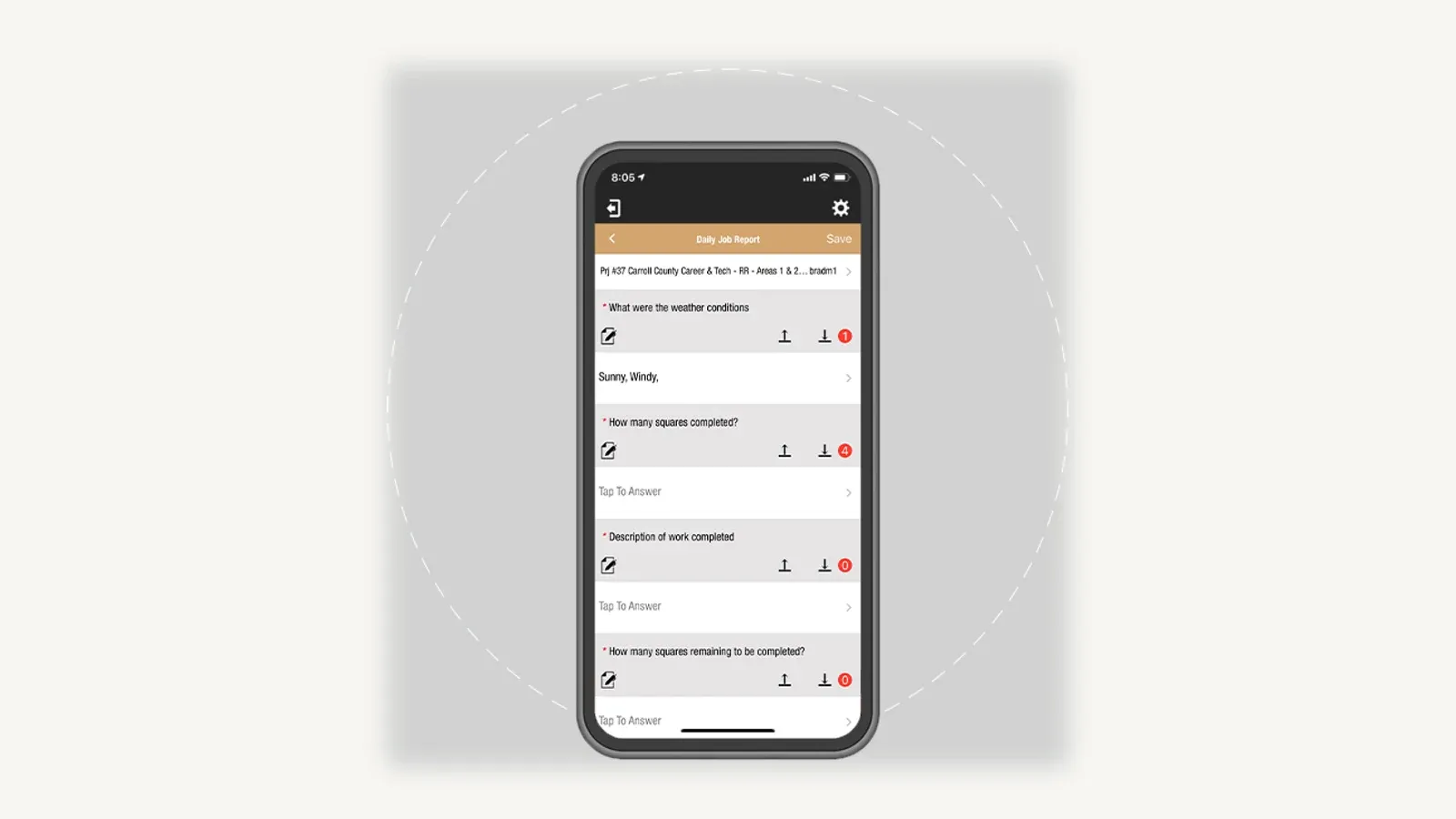 Dataforma's mobile Daily Job Report on a phone. A header row names the project, Prj #37 Carroll County Career and Tech - RR - Areas 1 and 2. Below it are required fields, each with edit, upload and download icons and a count badge: What were the weather conditions, answered Sunny, Windy; How many squares completed, unanswered and reading Tap To Answer; Description of work completed, unanswered; and How many squares remaining to be completed, unanswered.
