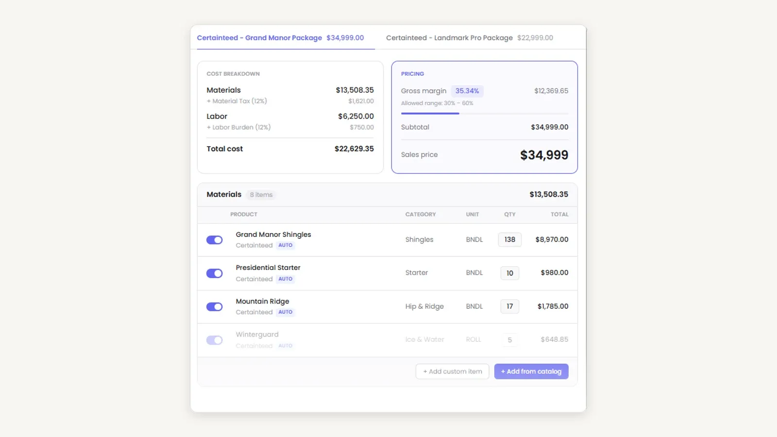 Exterio estimate builder with two package tabs — Certainteed Grand Manor Package at $34,999.00, selected, and Certainteed Landmark Pro Package at $22,999.00 — above a cost breakdown of $13,508.35 in materials plus $1,621.00 material tax at 12% and $6,250.00 in labor plus $750.00 labor burden at 12%, stated as a $22,629.35 total cost, and a pricing card showing a 35.34% gross margin worth $12,369.65 against an allowed range of 30 to 60% and a $34,999 sales price. Below them a materials table headed 8 items lists four Certainteed products by category, unit, quantity and total — Grand Manor Shingles at 138 bundles for $8,970.00, Presidential Starter at 10 for $980.00, Mountain Ridge hip and ridge at 17 for $1,785.00, and Winterguard ice and water toggled off at $648.85 — above Add custom item and Add from catalog buttons.