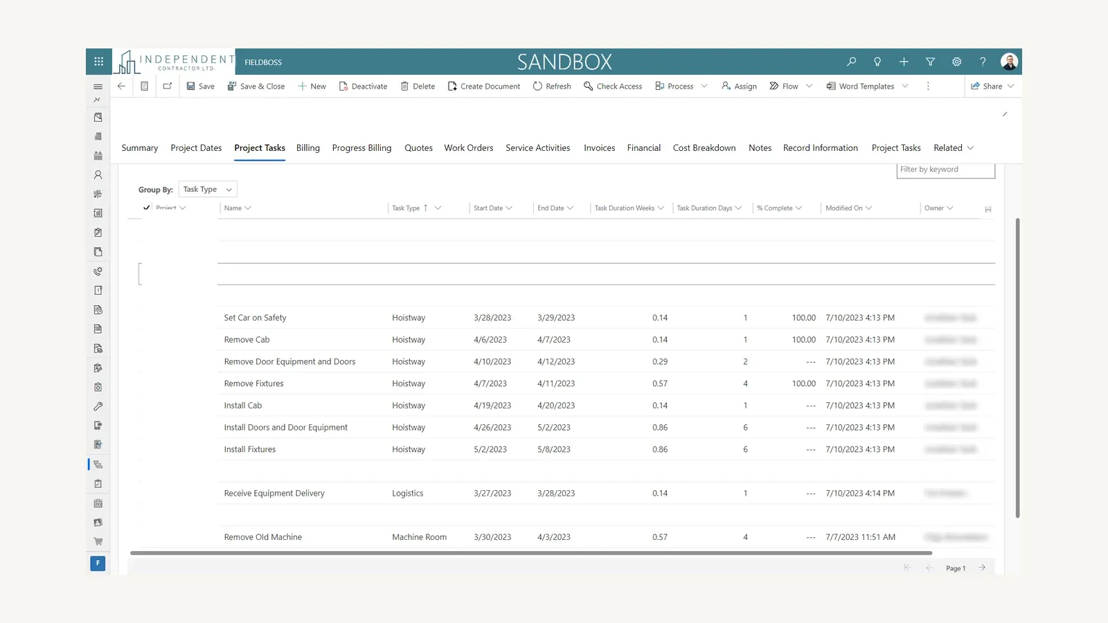 FIELDBOSS project-tasks screen with billing progress, billing quotes, work orders, invoices, financials, and task scheduling.