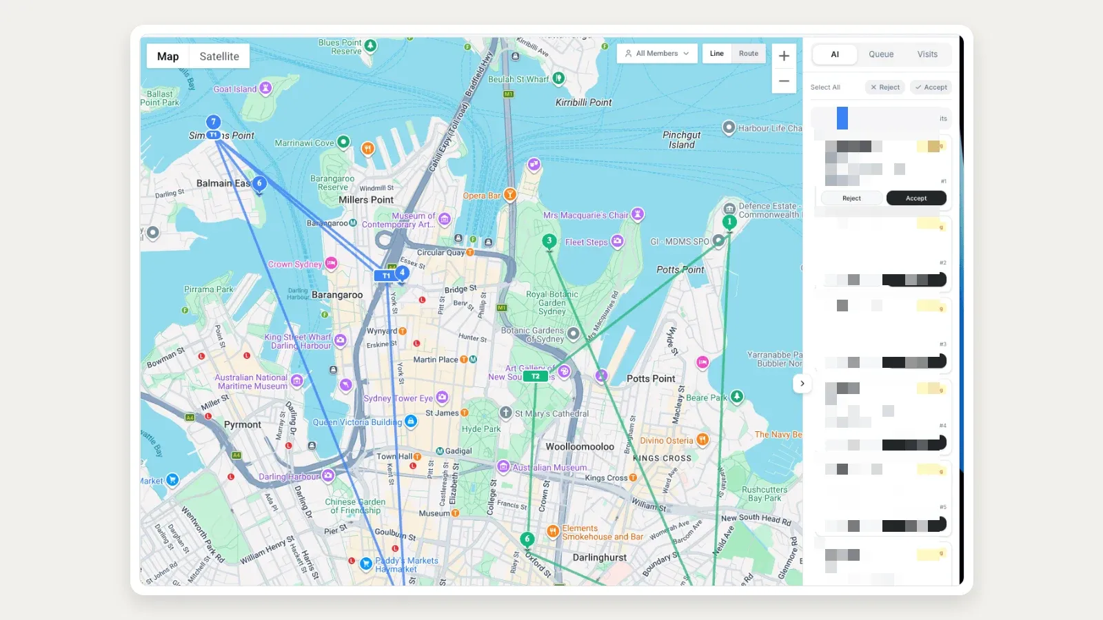 FieldCamp live dispatch map with an AI suggestion queue and visible Reject and Accept controls.