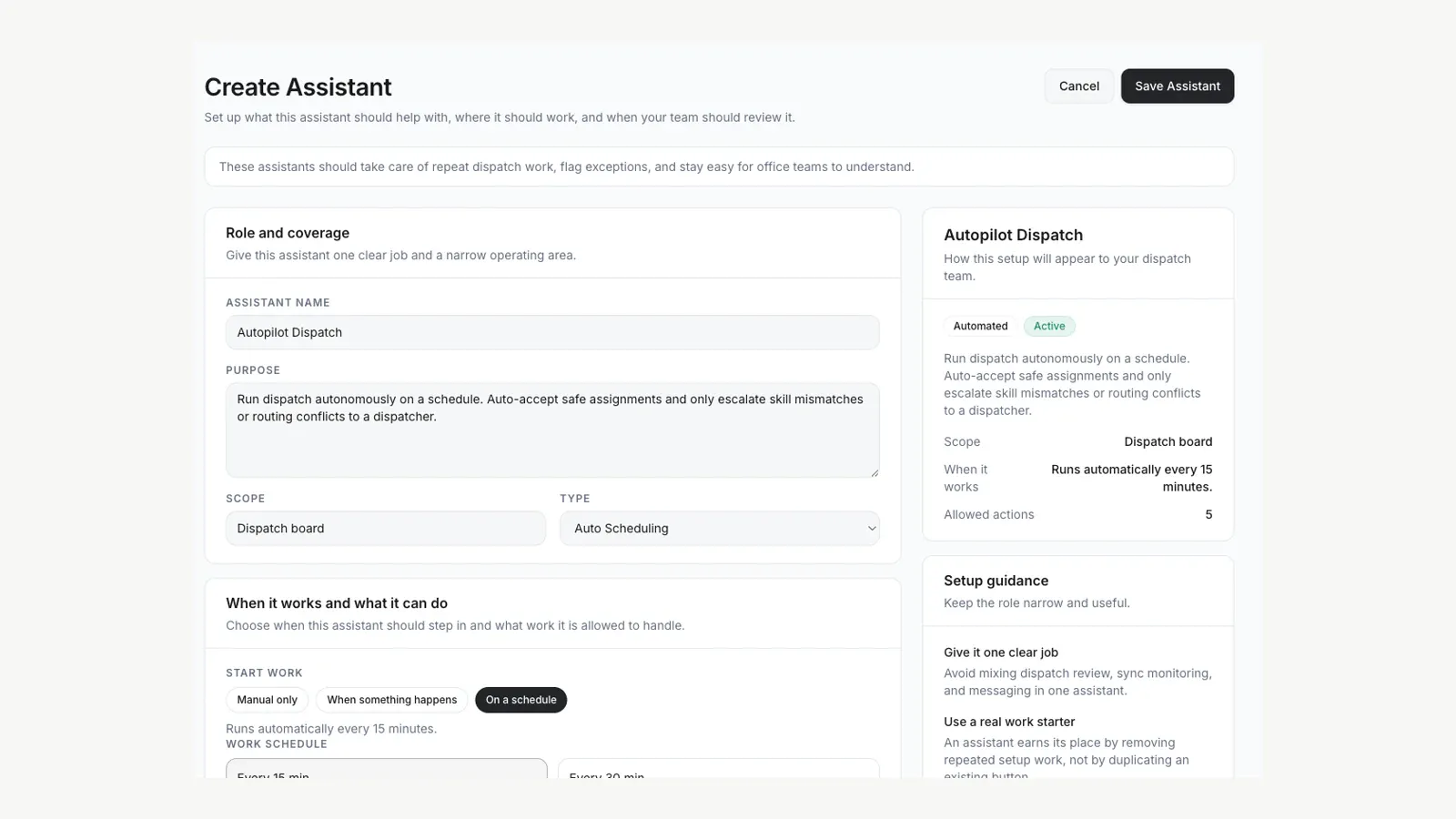 FieldCamp Create Assistant screen for Autopilot Dispatch with scheduled execution, auto-accept guidance, escalation rules, and allowed-action controls.