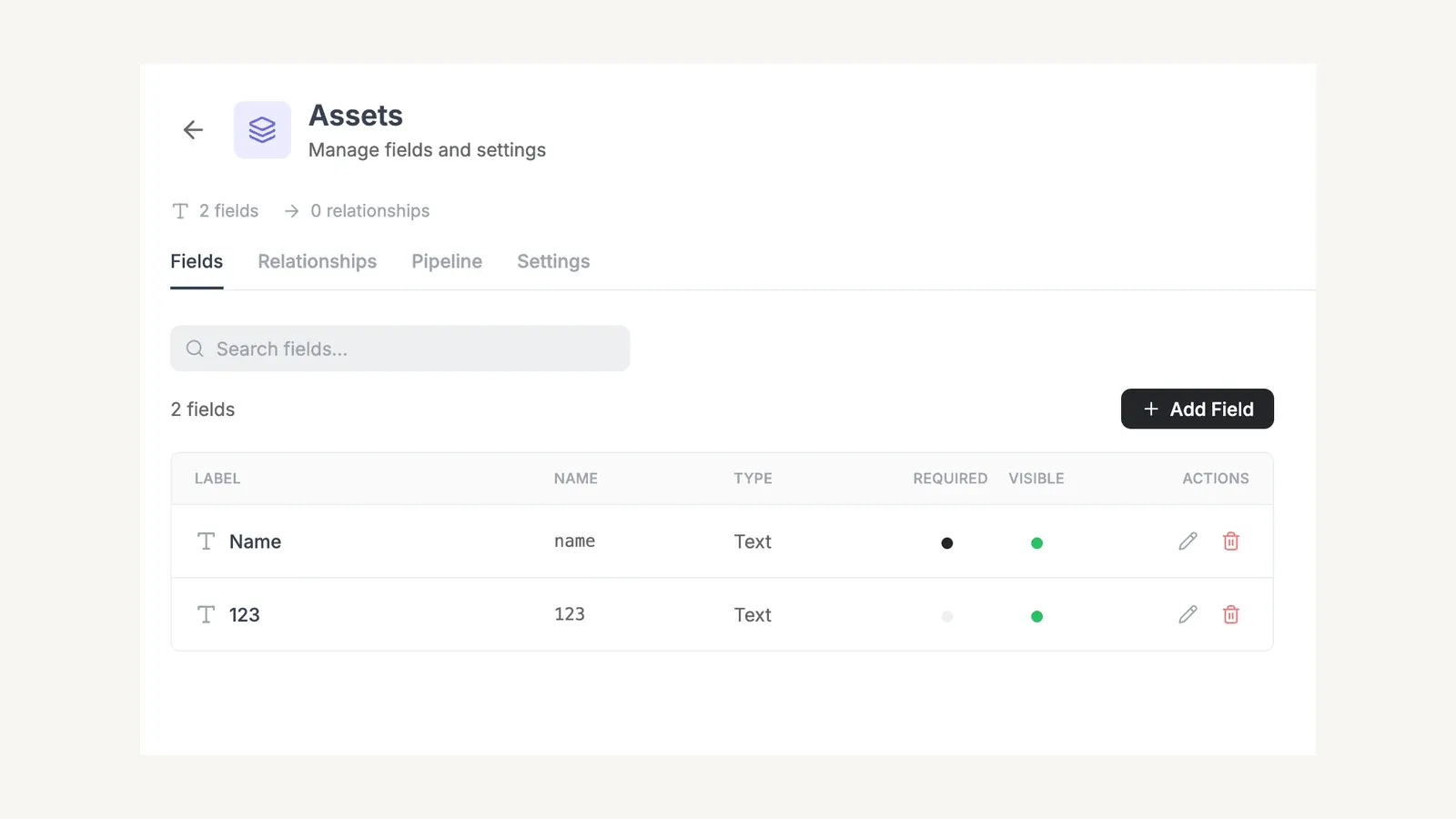 FieldCamp Assets custom-object settings with fields, relationships, pipeline, and visibility controls.