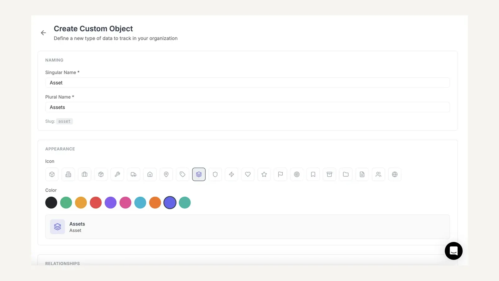FieldCamp custom object builder defining an Asset record with relationships, icon, and pipeline options.
