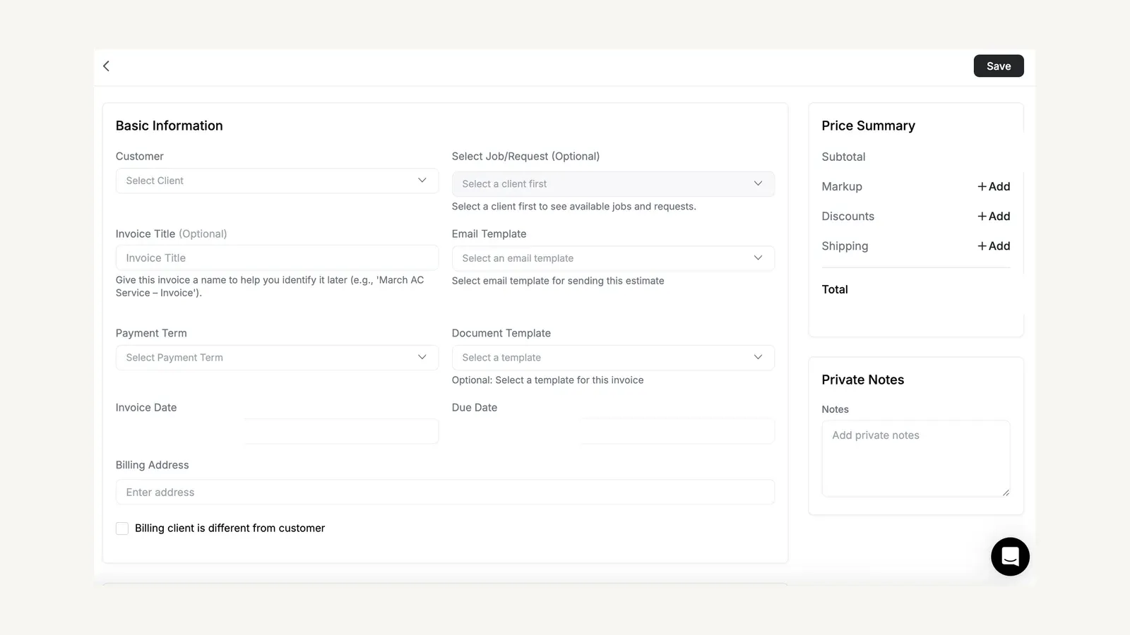 FieldCamp invoice builder with customer, job, email-template, payment-term, document-template, and billing-address fields.