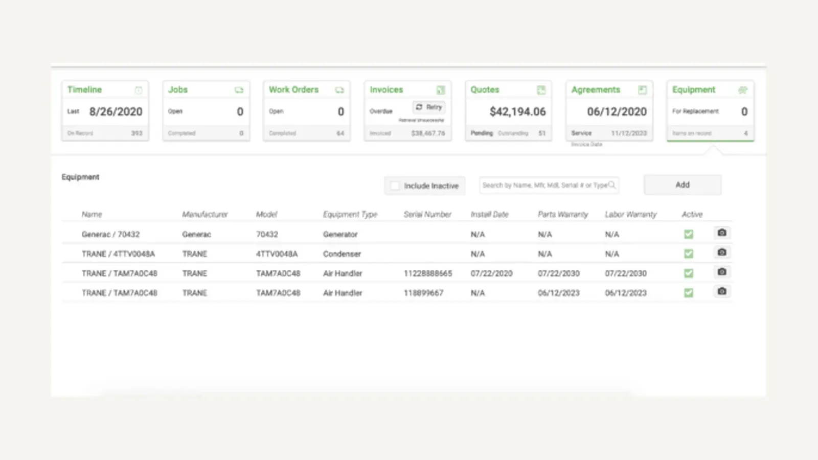 FieldEdge customer equipment history table with unit type, serial number, install date, and warranty fields.