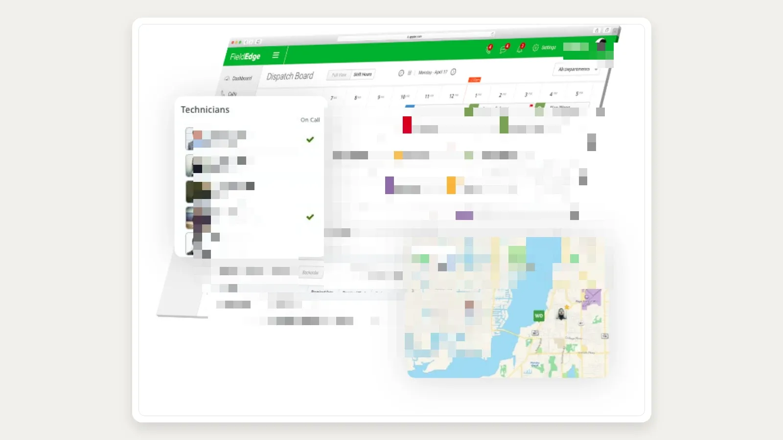 FieldEdge HVAC dispatch product image with technician availability, a central time-based job board, an unassigned-work table, and a technician map.