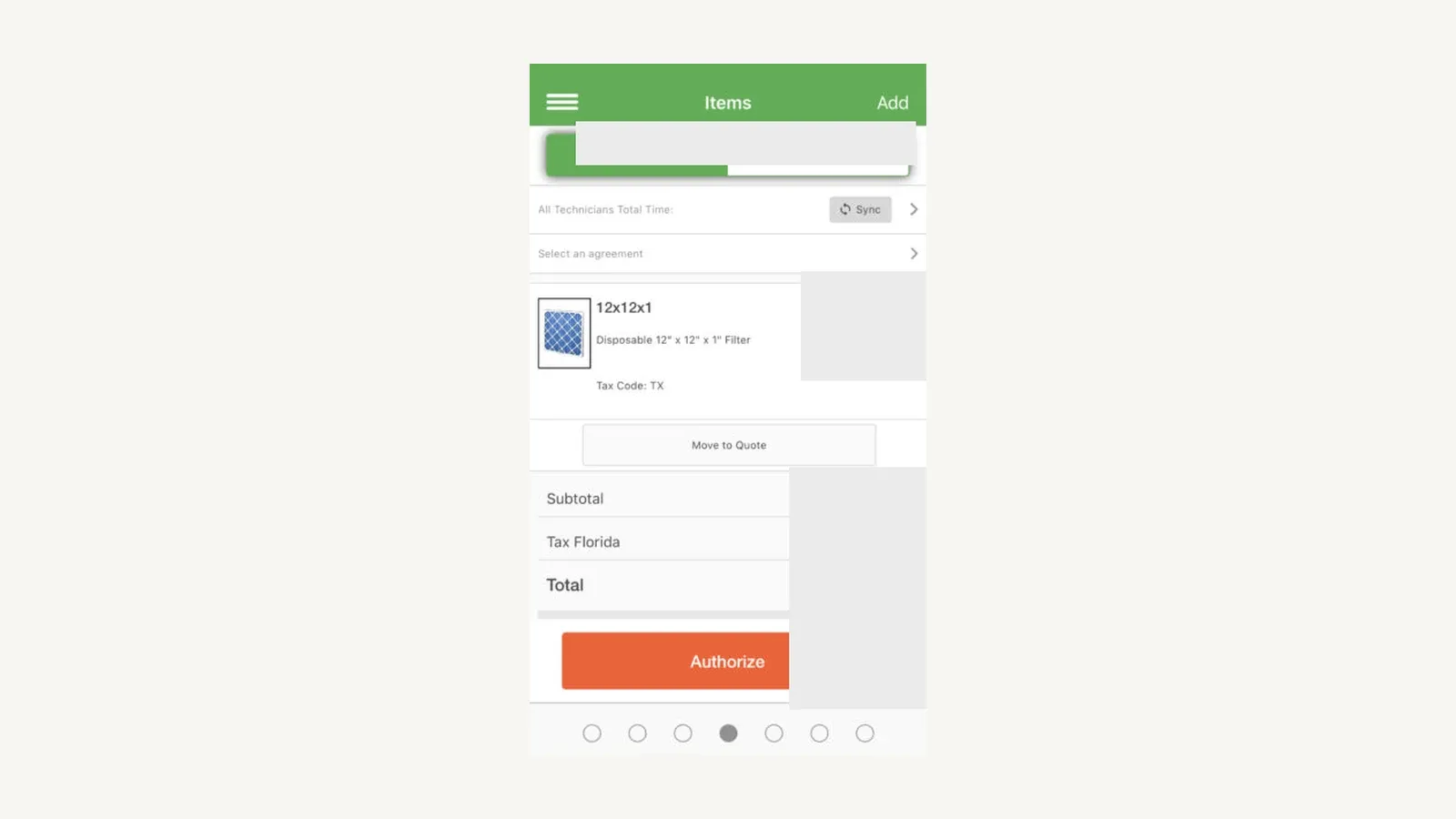 FieldEdge mobile items screen with invoice and quote tabs, item details, tax controls, and authorization.