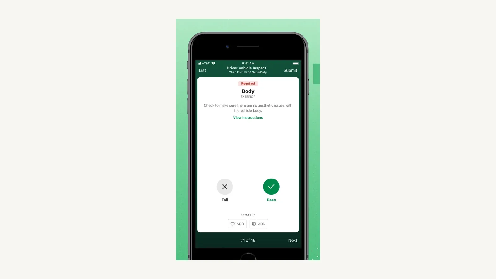 Fleetio Go vehicle inspection showing a required body check with pass, fail, and remarks controls.