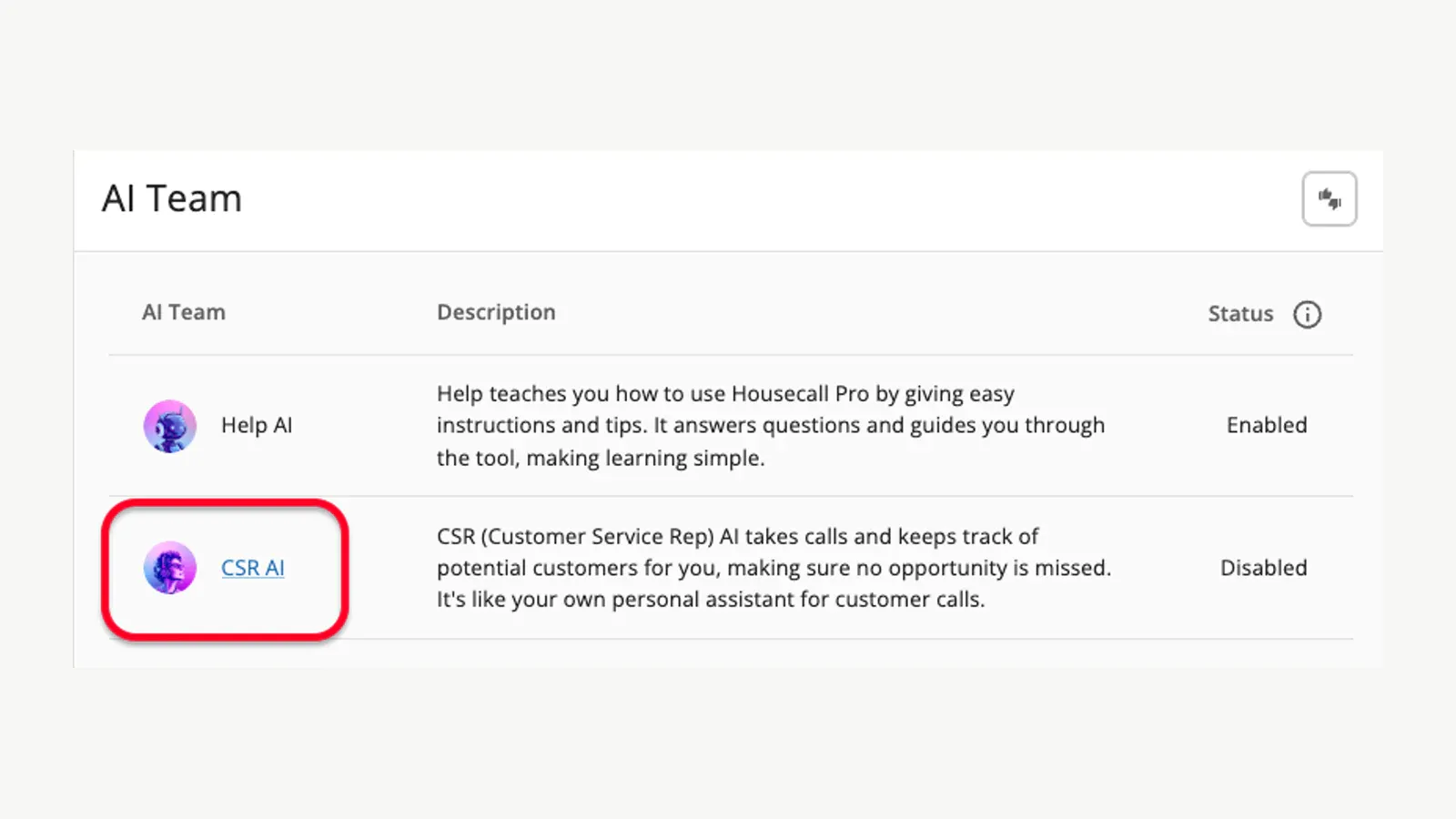 Housecall Pro AI Team list with CSR AI highlighted and its status shown as Disabled.