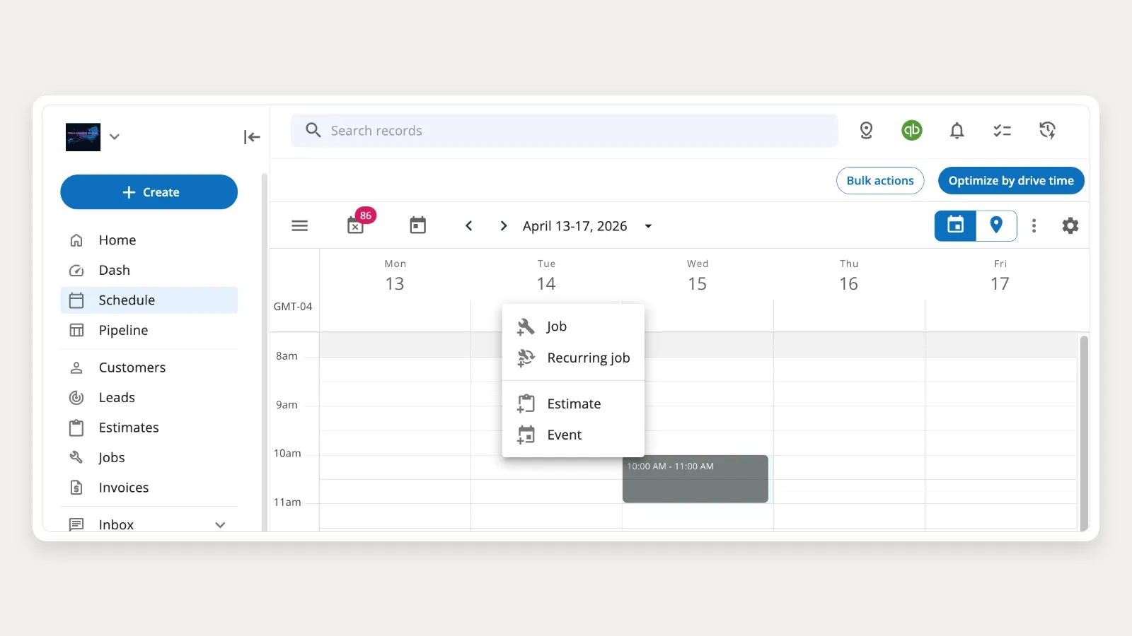 Housecall Pro schedule with a job-creation menu and an option to optimize the calendar by drive time.