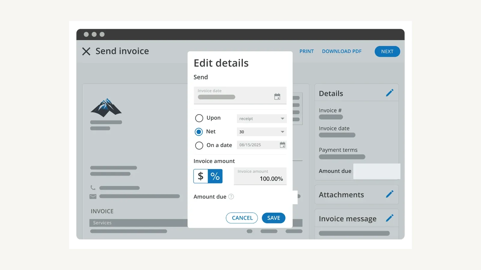 Housecall Pro edit-details window for a progress invoice with payment terms and a percentage-based invoice amount.