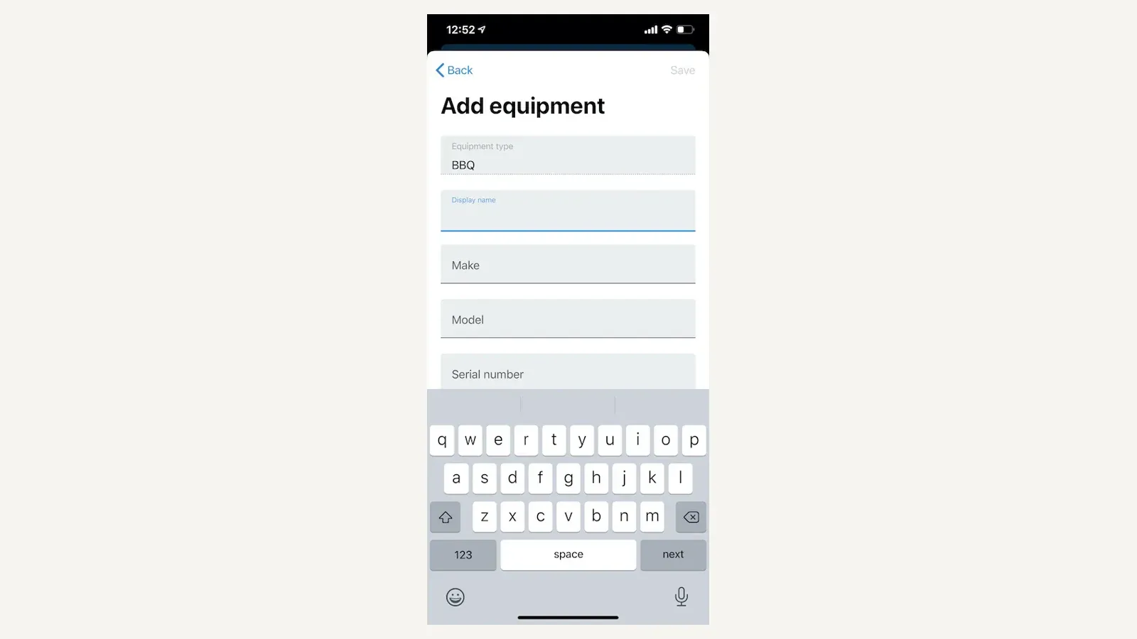 Housecall Pro mobile form for adding HVAC equipment details to a property profile.