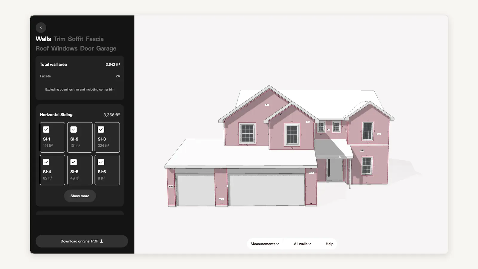 Hover's measurement view: a 3D model of a two-storey house with a three-car garage, wall facets shaded pink and each carrying a small code label. A dark left panel has a surface switcher reading Walls, Trim, Soffit, Fascia, Roof, Windows, Door and Garage with Walls selected, then Total wall area 3,642 sq ft across 24 facets, excluding openings trim and including corner trim, then Horizontal Siding 3,366 sq ft itemised as SI-1 191, SI-2 101, SI-3 324, SI-4 82, SI-5 49 and SI-6 8 sq ft above a Show more button, and a Download original PDF button at the foot. A bar under the model reads Measurements, All walls, Help.