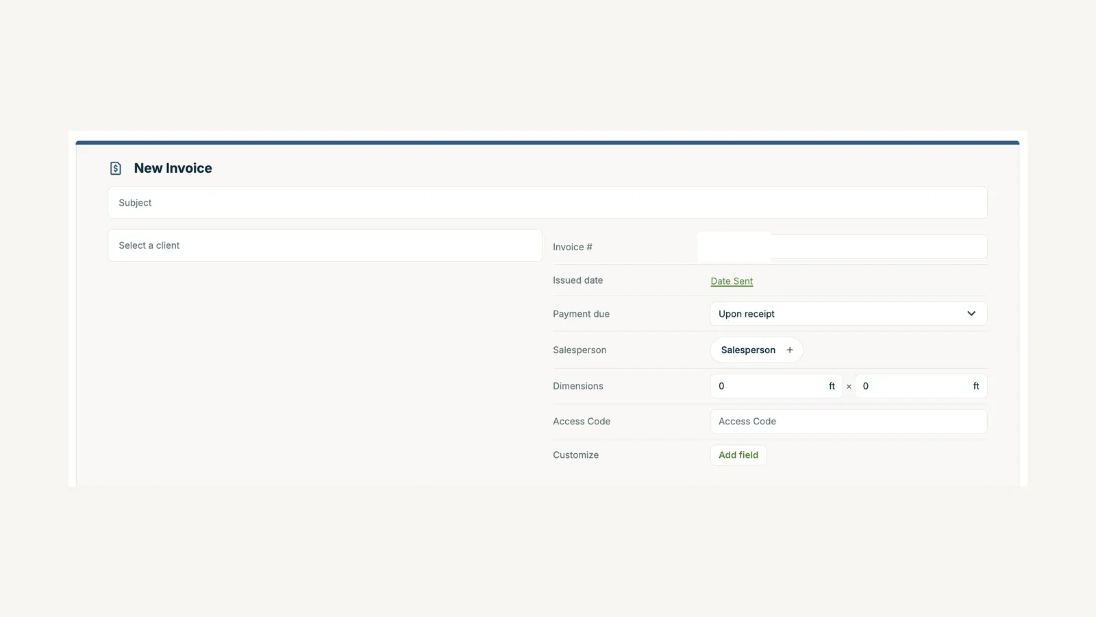 Jobber new-invoice screen with client selection, payment terms, custom fields, and salesperson controls.