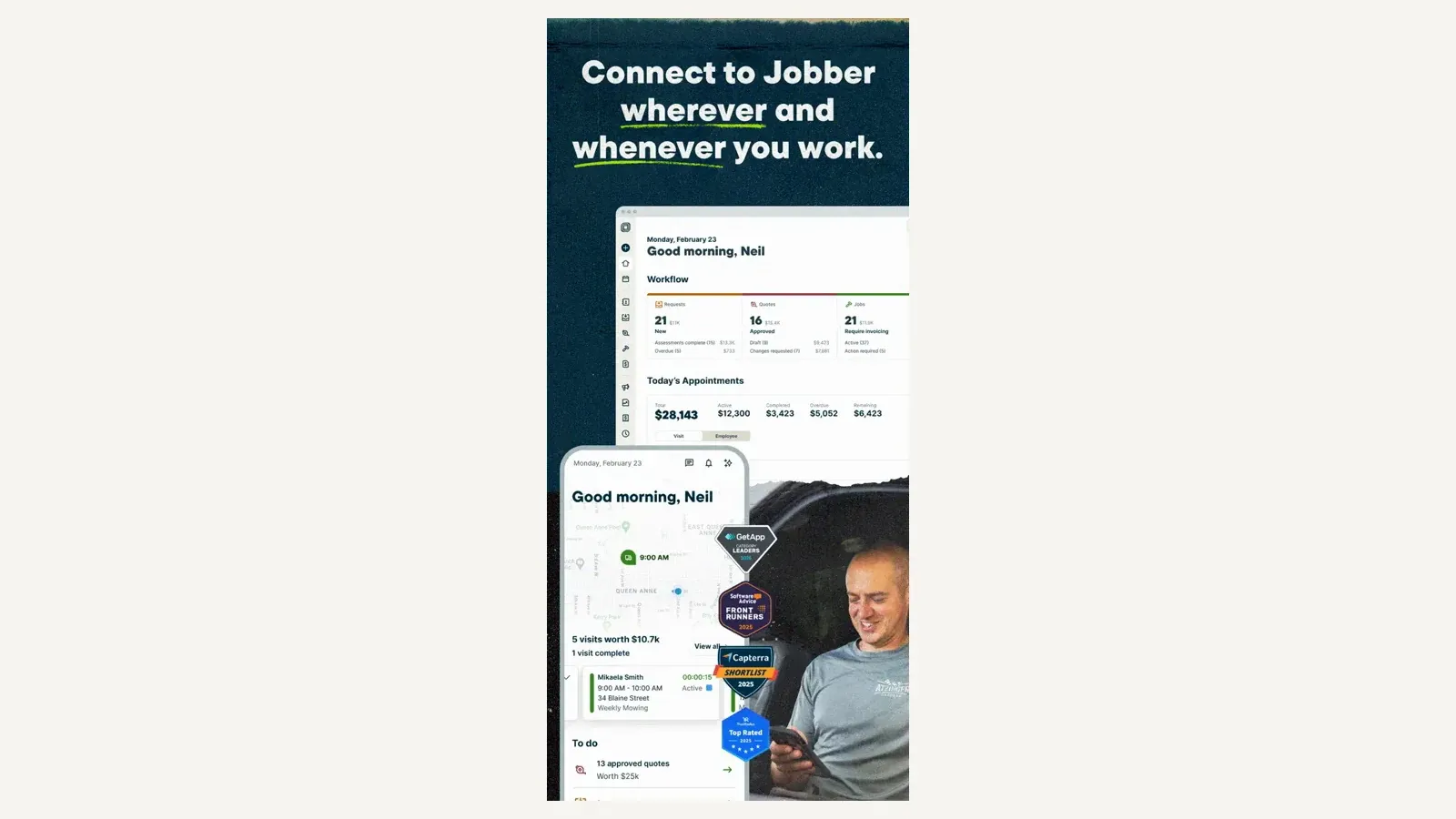 Jobber web and mobile views showing the day's appointments, workflow counts, and field schedule.