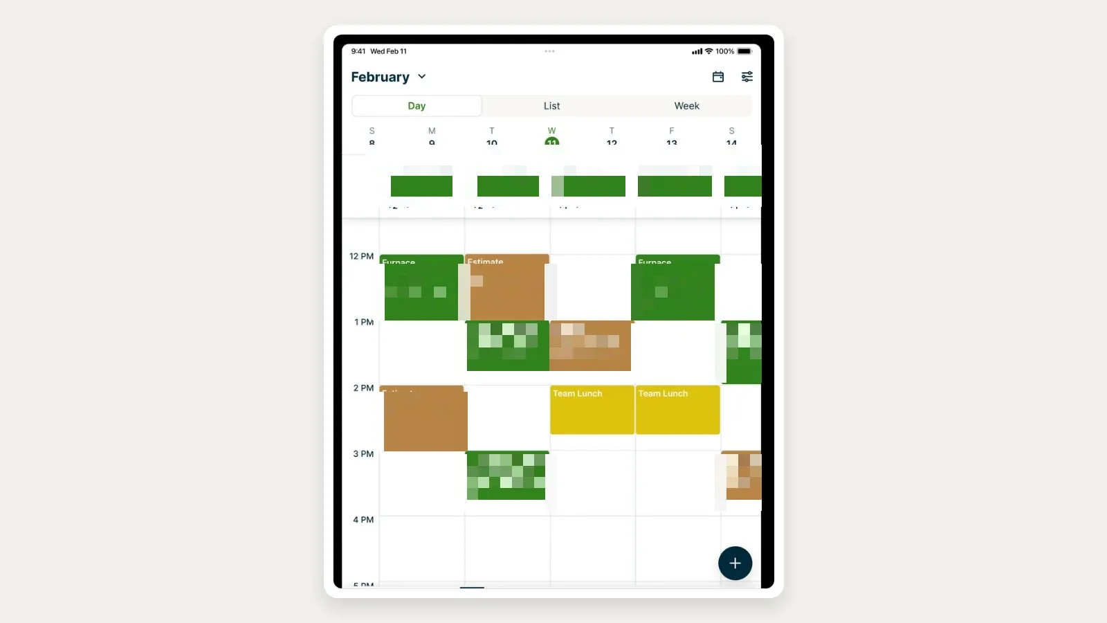 Jobber week calendar with Day, List, and Week tabs, technician columns, and color-coded maintenance, estimate, installation, and team-lunch blocks.