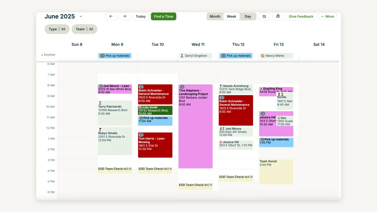 Jobber's schedule in Week view for June 2025, with back, forward and Today controls, a Find a Time button, Month, Week and Day toggles, Type and Team filters both set to All, and Give Feedback and More menus. Sunday 8 to Saturday 14 run across the top over a 6am-to-6pm grid, with an Anytime row above it holding untimed entries including Pick up materials. Colour-coded visits carry a client name, a street address and a start time — among them a lawn job, two general-maintenance visits, a landscaping project, a lawn-mowing job, end-of-day team check-ins and a team social — and several labels are clipped by the width of their own block.