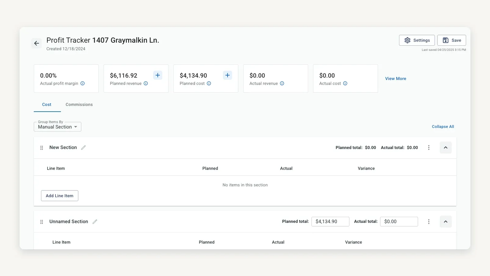 JobNimbus Profit Tracker for a job named 1407 Graymalkin Ln., created 12/18/2024. Five tiles across the top read 0.00% actual profit margin, $6,116.92 planned revenue, $4,134.90 planned cost, $0.00 actual revenue and $0.00 actual cost. Under a Cost tab, items are grouped by manual section: New Section shows a planned and an actual total of $0.00 with no line items, and Unnamed Section shows a planned total of $4,134.90 against an actual total of $0.00. The columns are Line Item, Planned, Actual and Variance. The vendor's own capture cuts off mid-table at the bottom.