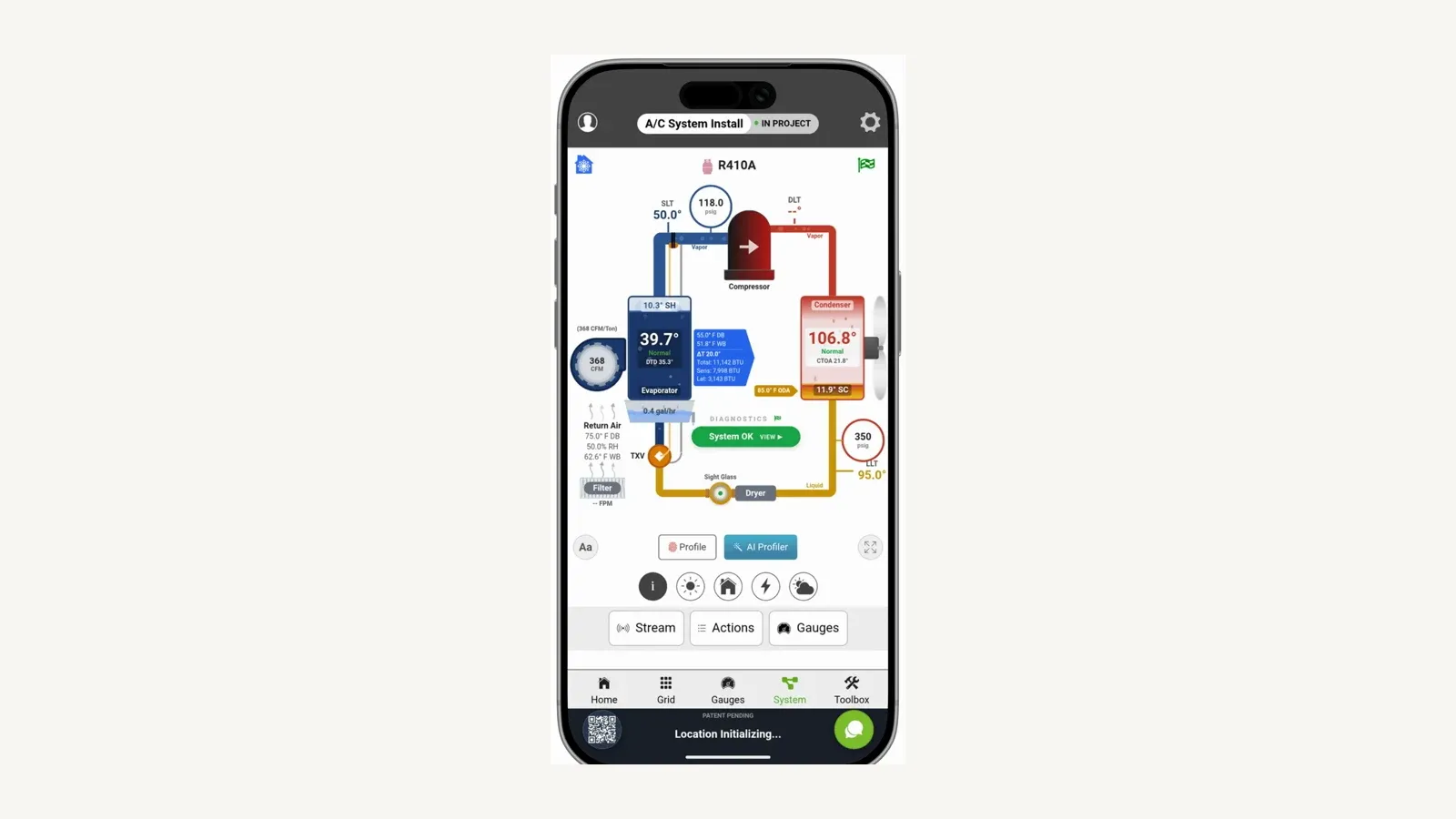 measureQuick mobile app system diagram with connected HVAC diagnostic readings and system status.