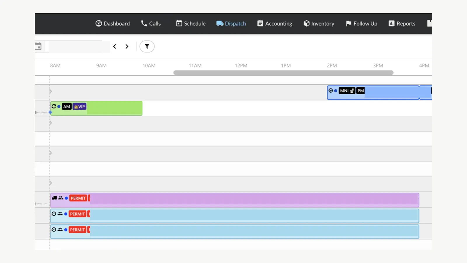ServiceTitan dispatch board with Probook Chrome extension assignment indicators; names, addresses, dates, and schedule details are removed.