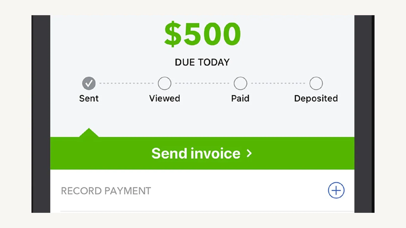 QuickBooks mobile invoice screen showing the amount, invoice status stages, Send invoice, and Record payment actions.