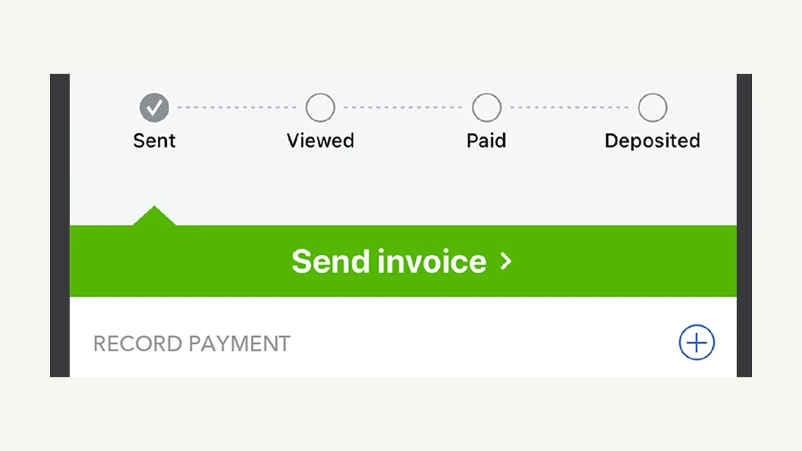 QuickBooks mobile invoice status track showing sent, viewed, paid, and deposited stages with send-invoice and record-payment actions.