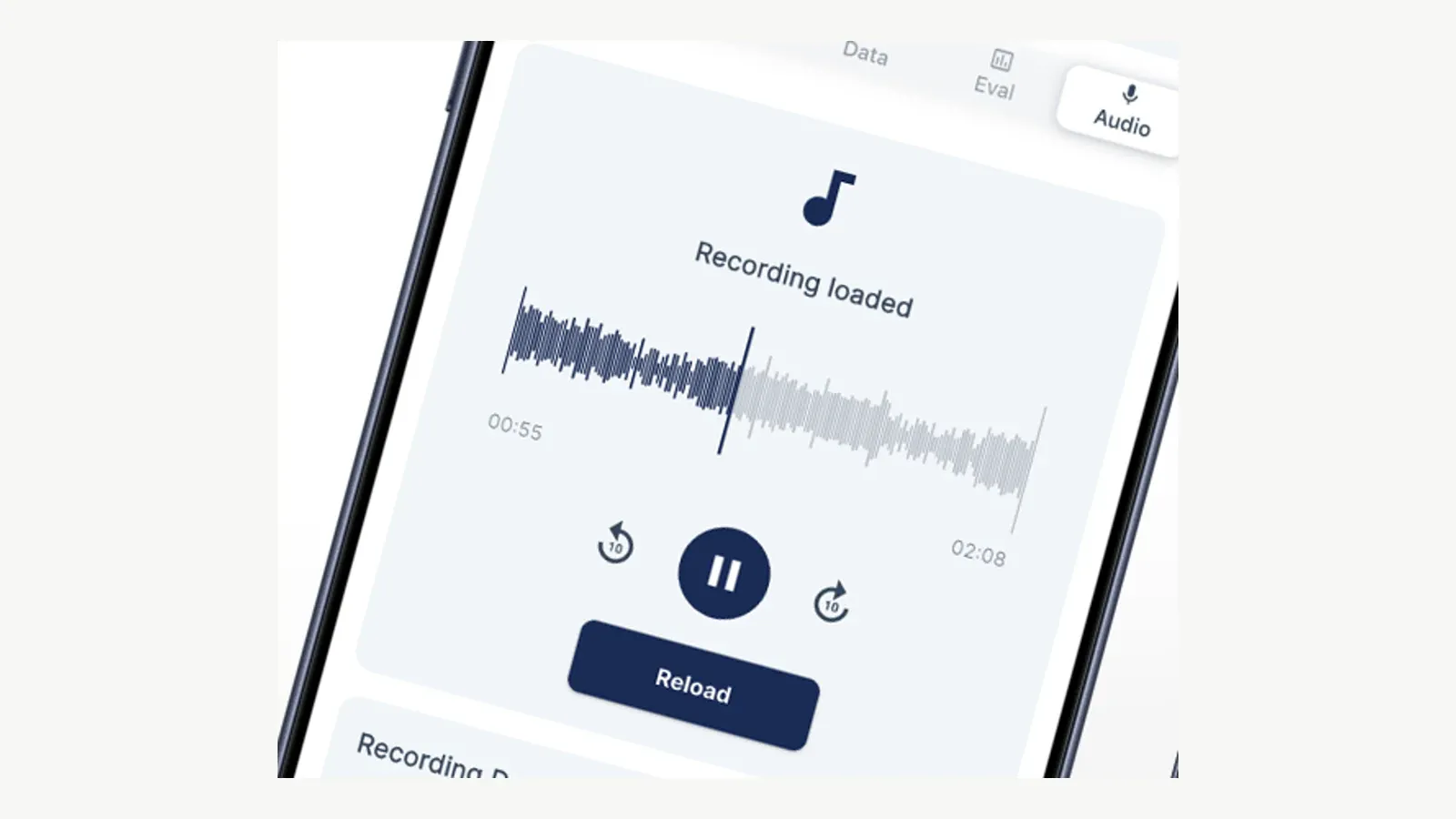 QuoteIQ Virtual Call Team audio tab with a loaded call recording, waveform, elapsed time, pause, skip, and reload controls.