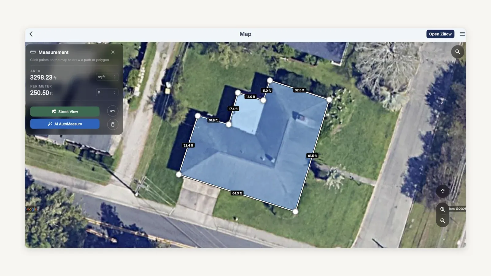 QuoteIQ's Map screen with a Measurement panel reading AREA 3298.23 square feet and PERIMETER 250.50 feet, each with a unit selector, above Street View and AI AutoMeasure buttons and undo and delete controls, and an instruction to click points on the map to draw a path or polygon. On the satellite photograph a house roof has been traced as a polygon with a handle at every corner and each side labelled in feet — 11.0, 14.0, 17.4, 16.9, 32.4, 64.3, 61.5 and 32.8 — with an Open Zillow button in the header and map zoom controls at the right edge.