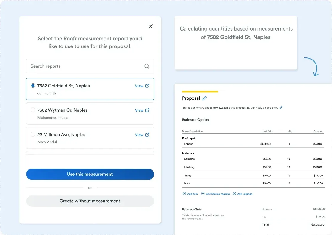 Roofr dialog listing saved measurement reports by property address with one selected, beside the proposal it produces: a line-item estimate for roof repair labour, shingles, flashing, vents and nails with unit prices, quantities and a $2,057.00 total.