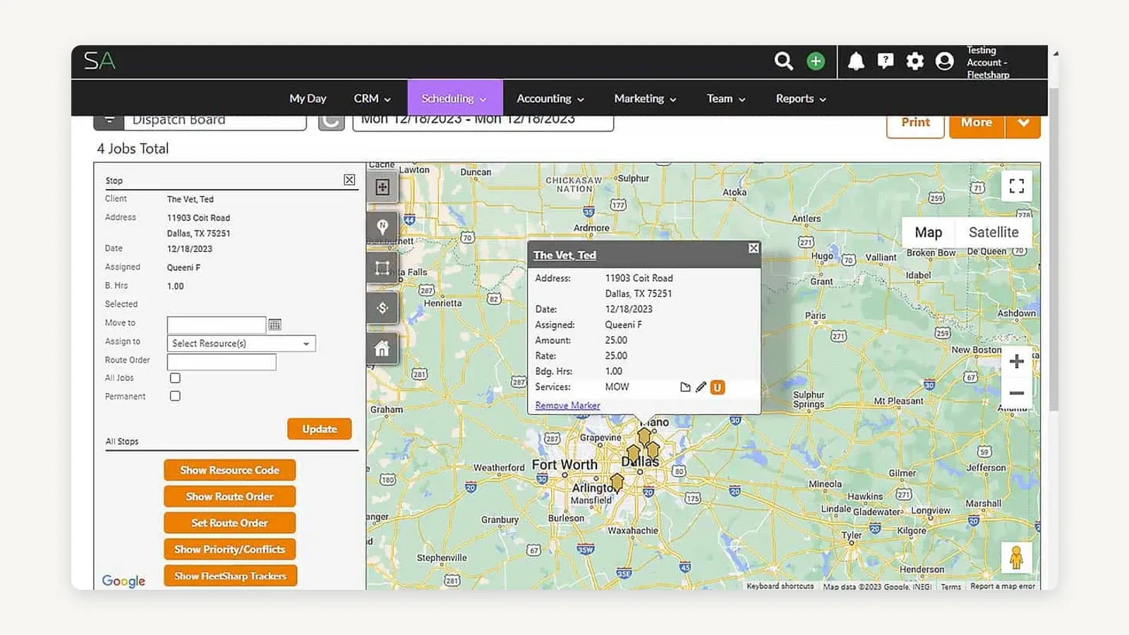 Service Autopilot's Dispatch Board with Smart Maps open on a day of work: mowing stops plotted across the Dallas–Fort Worth area, one stop's detail card showing client, address, assigned crew member, amount, rate, budgeted hours and the MOW service, and a stop panel on the left with a Route Order field beside Show Route Order and Set Route Order buttons.