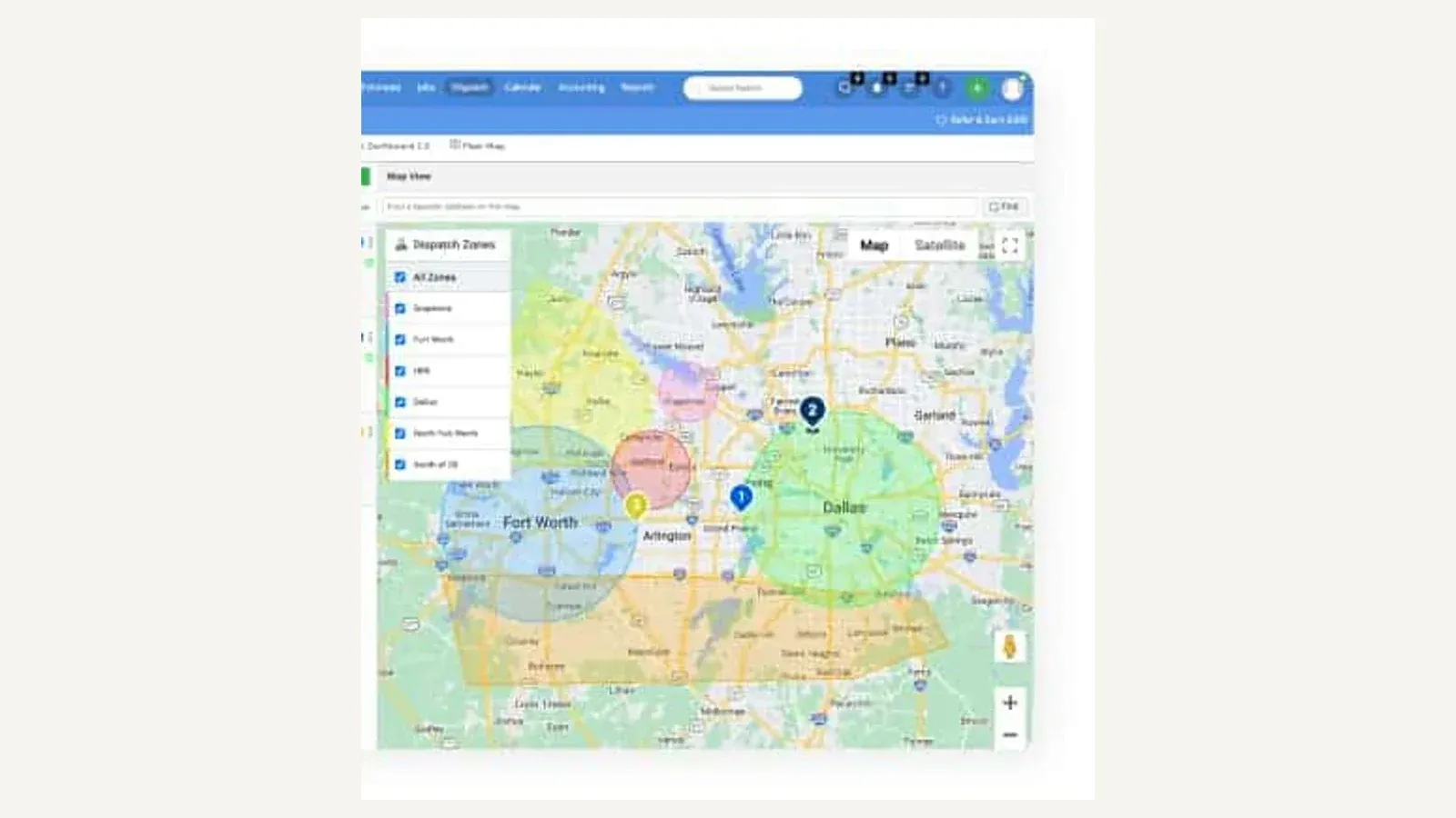 Service Fusion dispatch-zone map showing color-coded service territories around Dallas and Fort Worth.