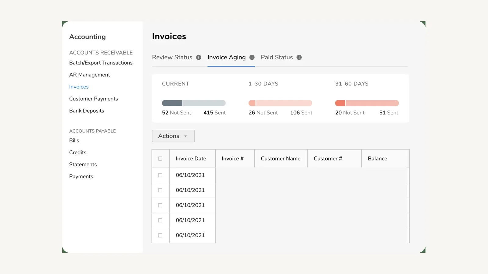ServiceTitan accounting screen with invoice-aging bands and an invoice table.