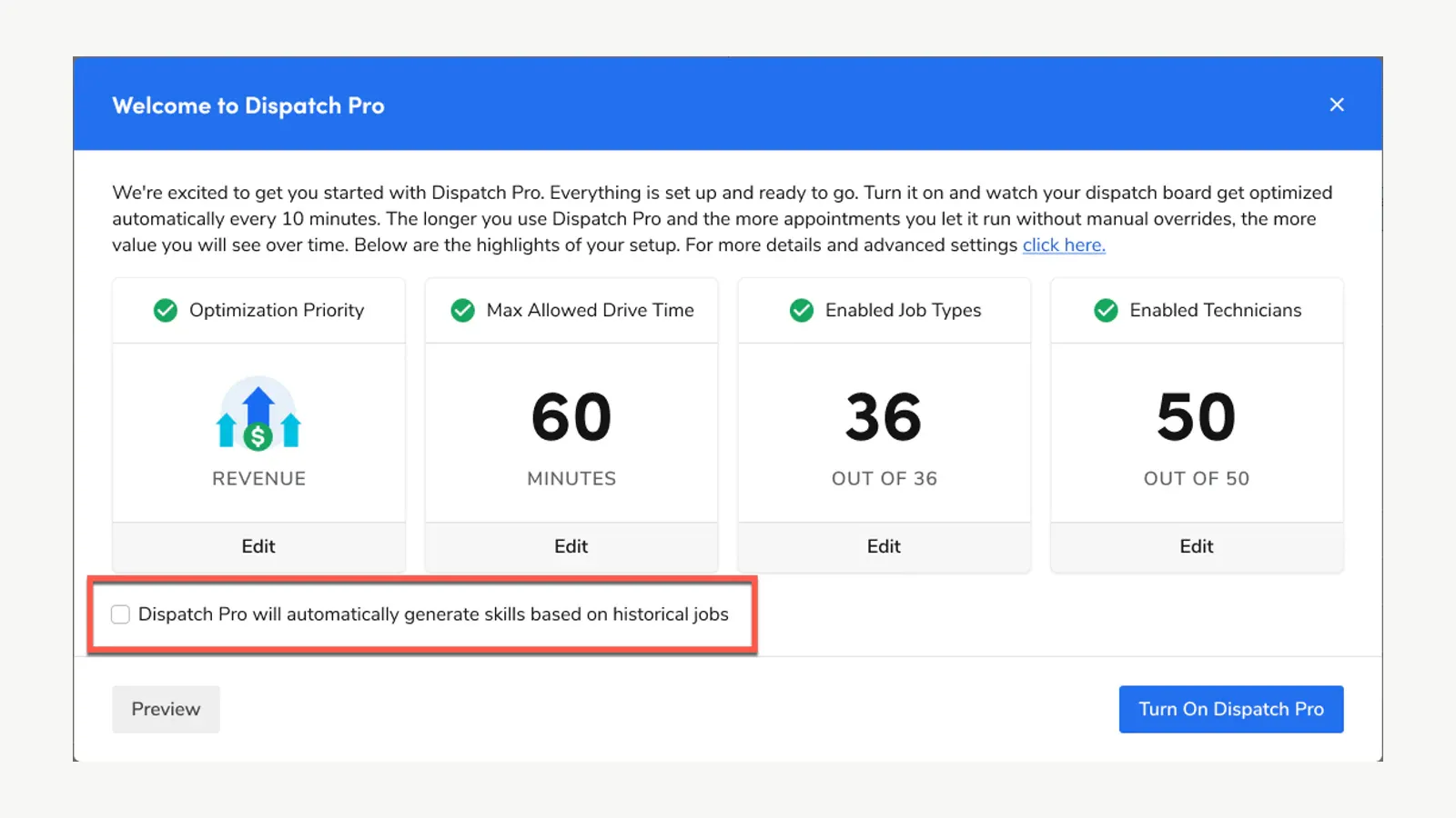 ServiceTitan Dispatch Pro setup screen with optimization priority, maximum drive time, enabled job types, enabled technicians, and a Turn On control.