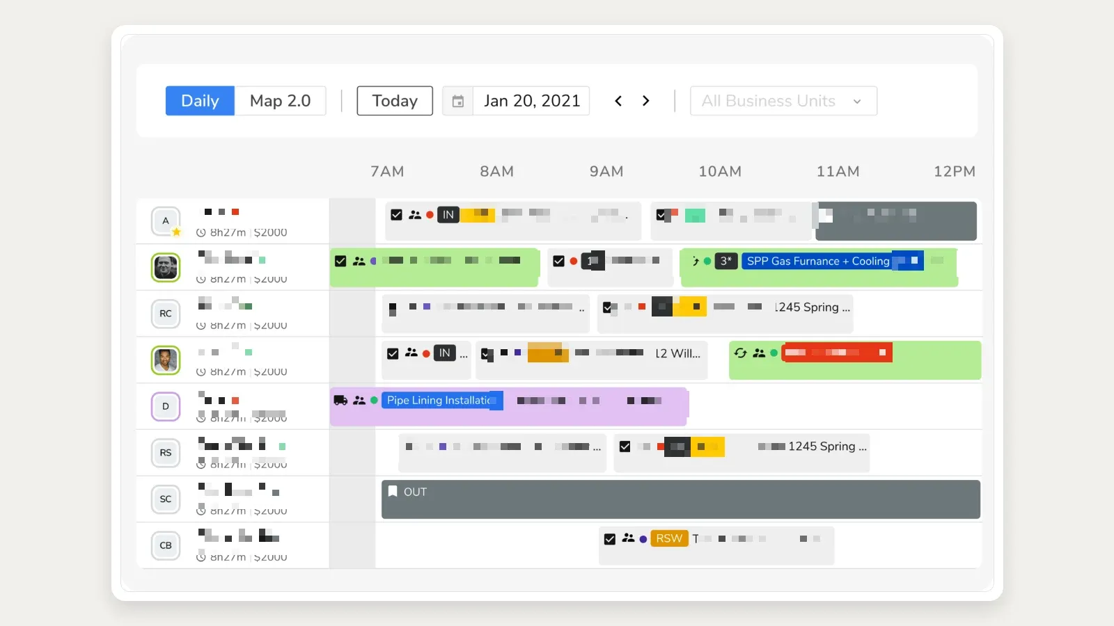 ServiceTitan daily dispatch board with technician rows, scheduled job blocks, and performance summaries.