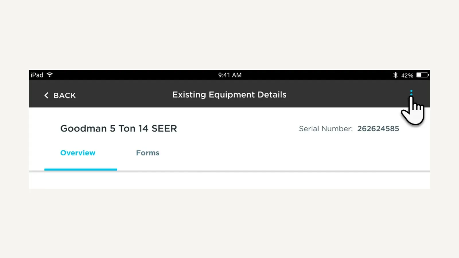 ServiceTitan mobile equipment record showing an installed HVAC unit and equipment tabs.