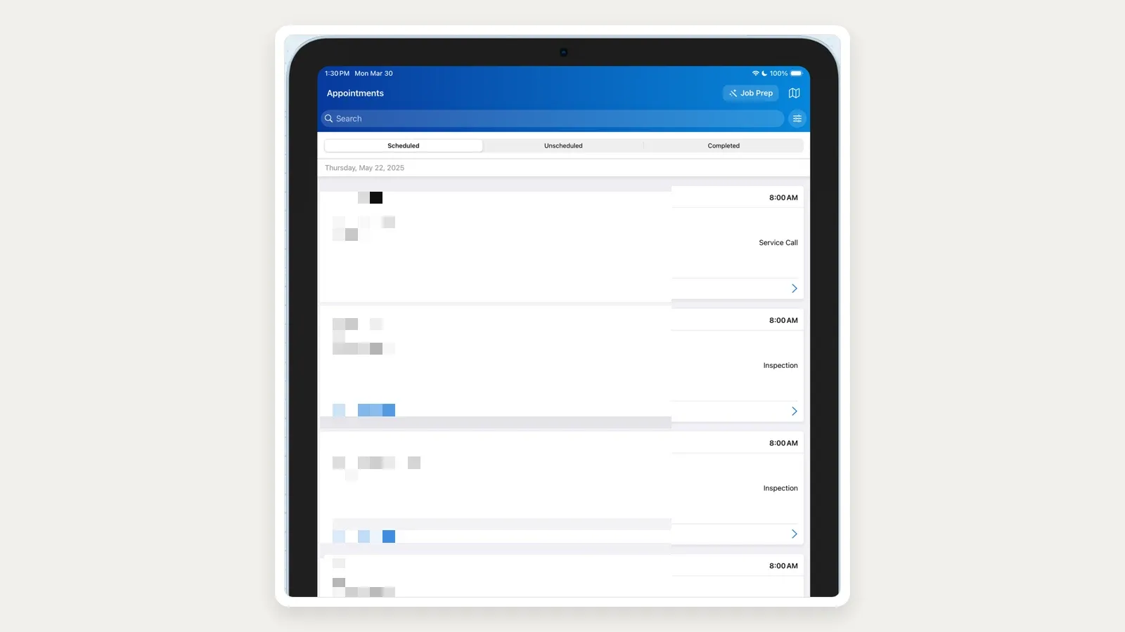 ServiceTrade iPad appointments view with Scheduled, Unscheduled, and Completed tabs and a vertical list of service calls with times and work types.