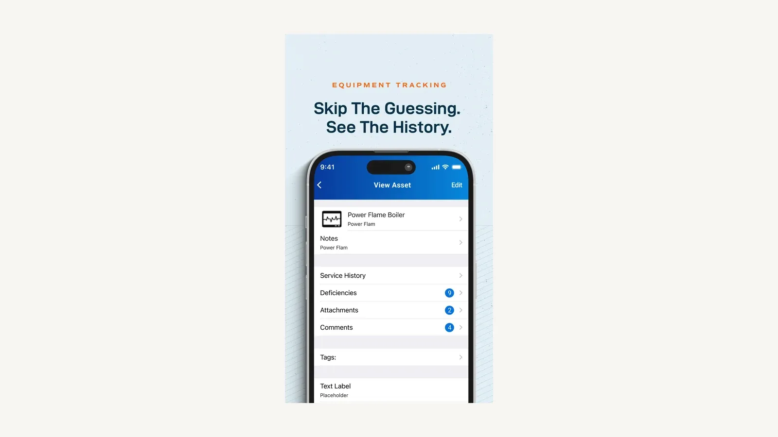 ServiceTrade mobile asset screen with service history, deficiencies, attachments, comments, and tags.