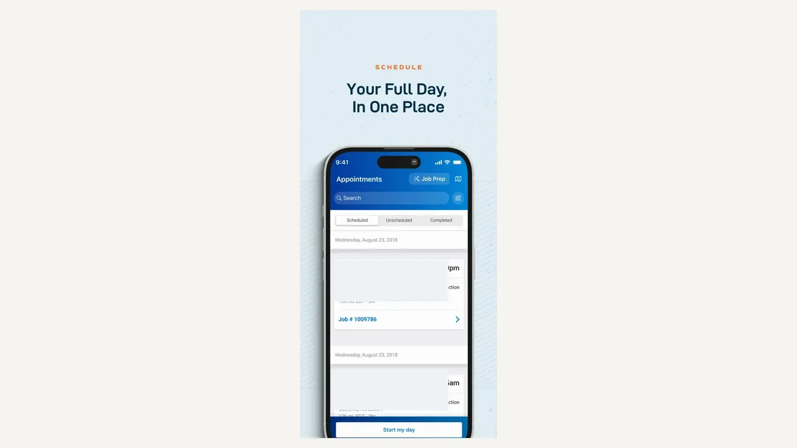 ServiceTrade mobile appointments view with scheduled, unscheduled, and completed work tabs.