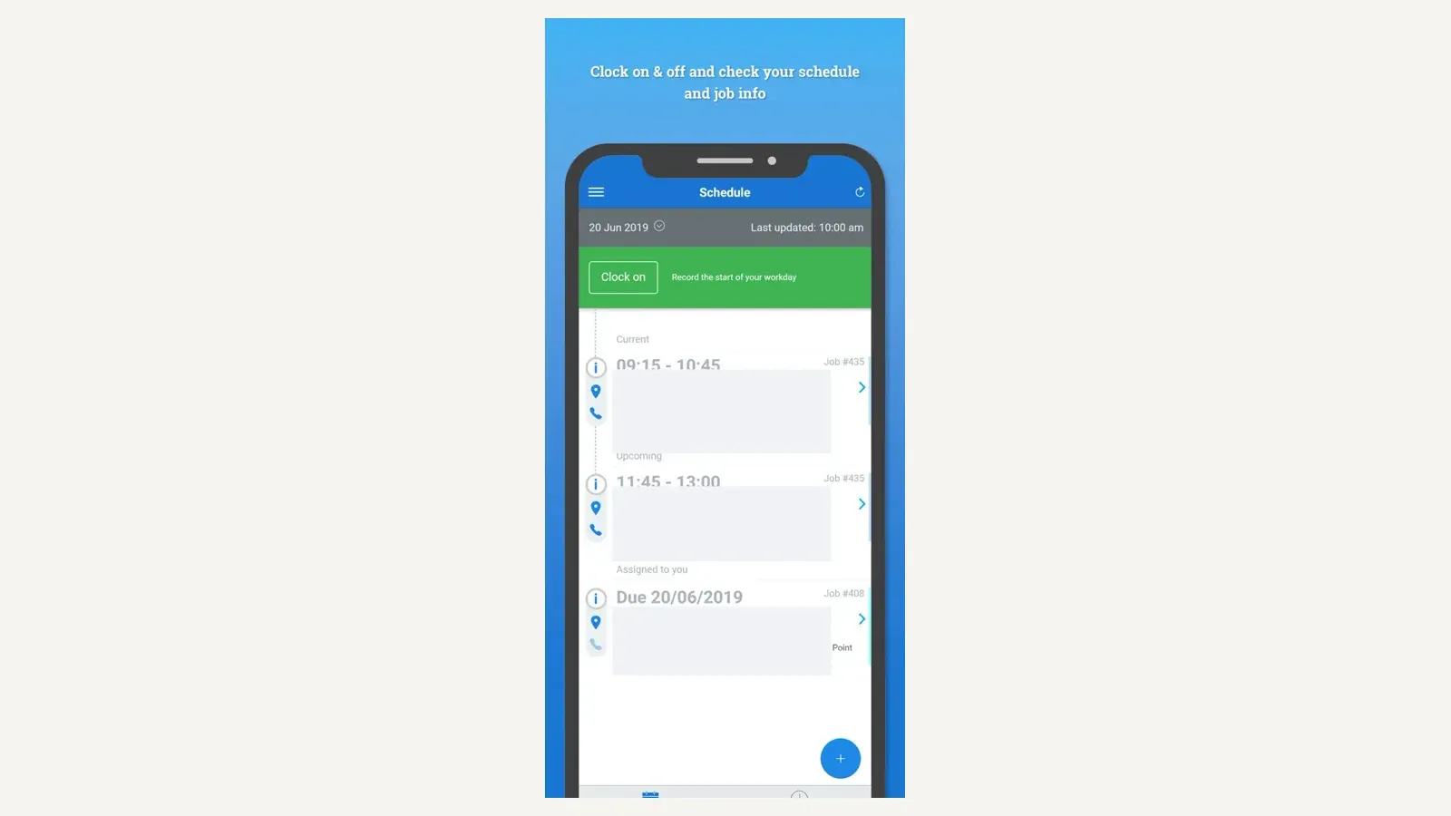 Simpro Mobile schedule showing clock-on controls and sequenced service appointments.