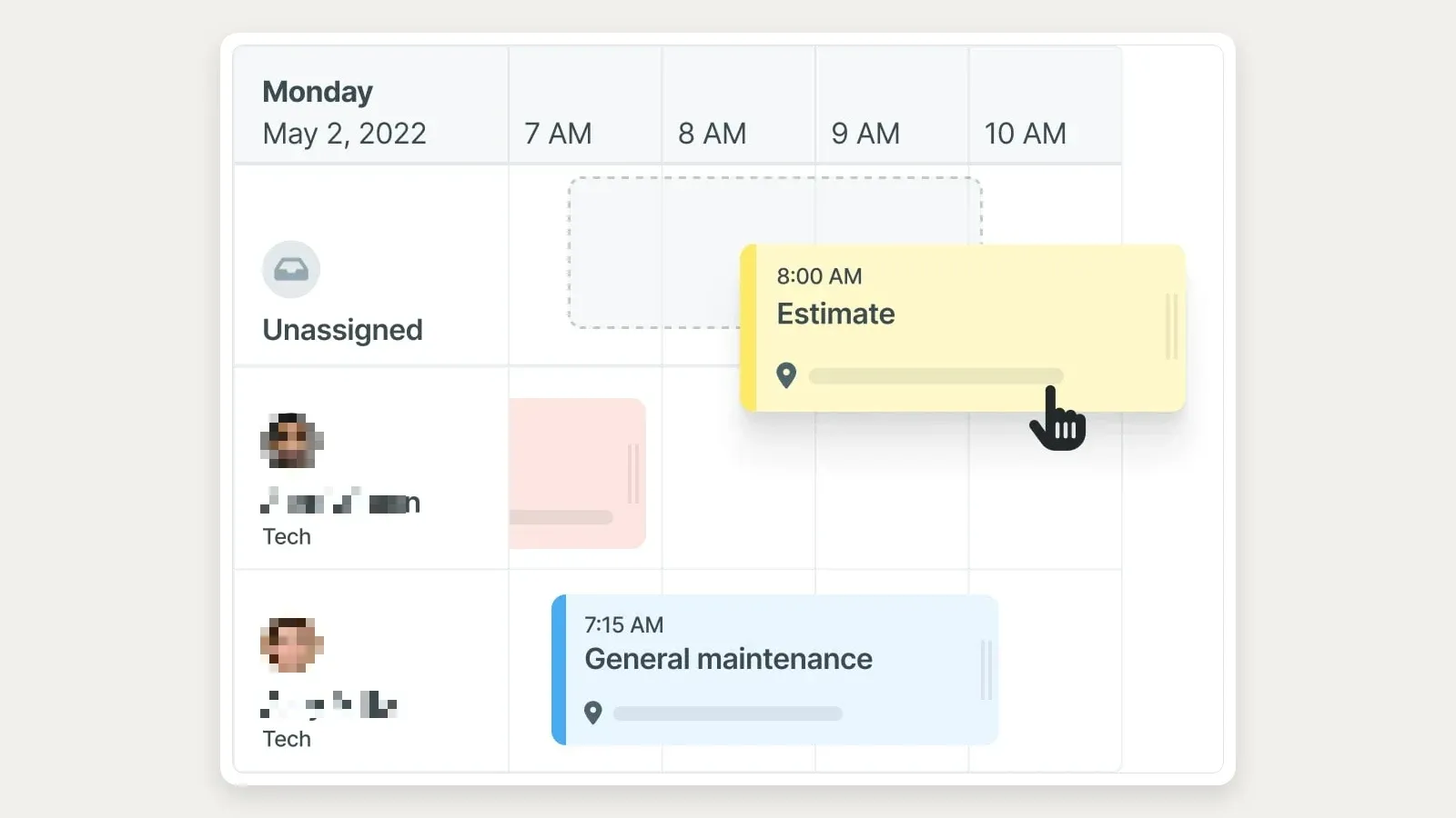 Workiz drag-and-drop calendar with an unassigned row, technician rows, a movable estimate card, and a scheduled maintenance card.