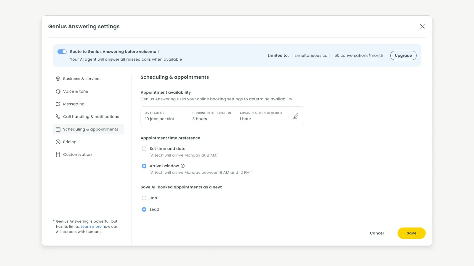 Workiz Genius Answering settings for voicemail routing, appointment availability, arrival windows, and whether AI-booked appointments become jobs or leads.